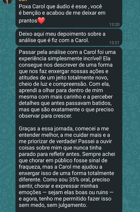 Depoimento por WhatsApp sobre a análise com a Carol