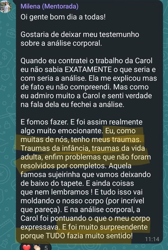 Depoimento da Milena, mentorada, sobre a análise corporal